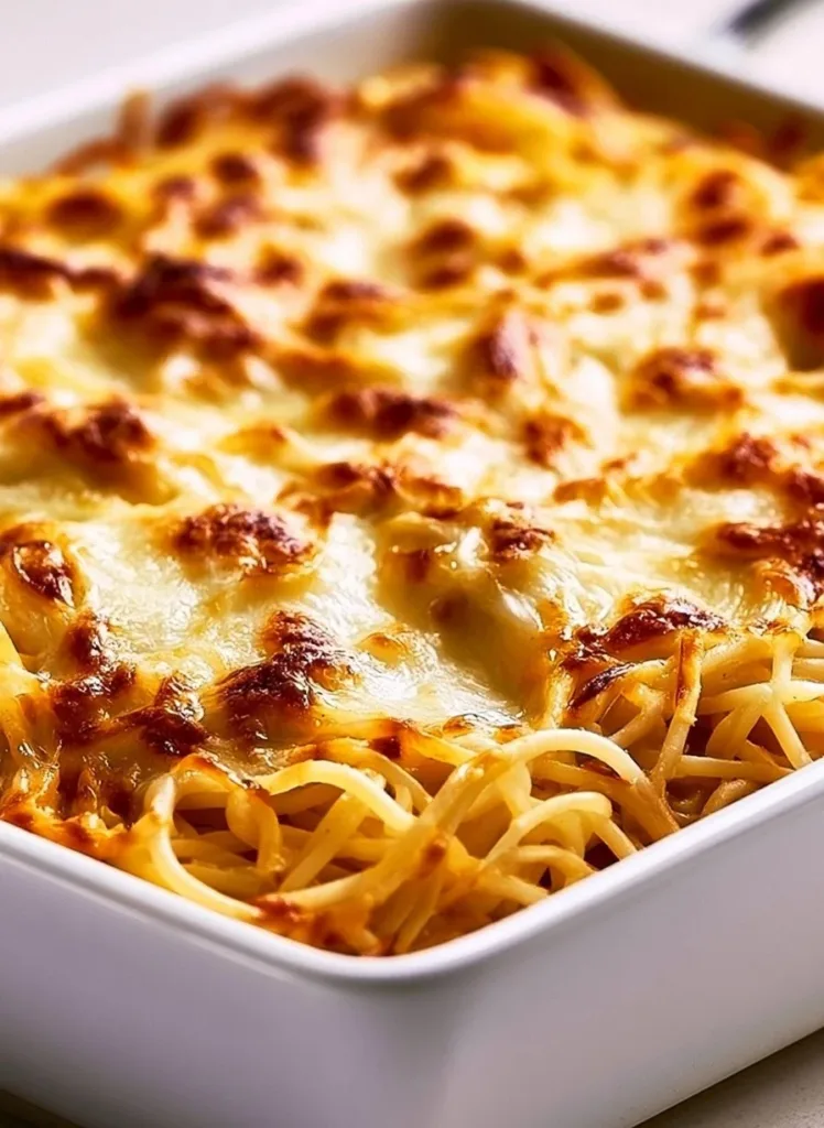 Delicious cheesy baked spaghetti fresh out of the oven