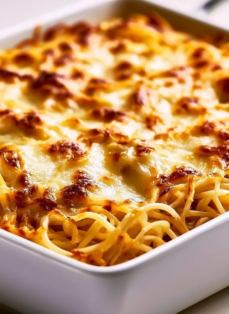 Delicious cheesy baked spaghetti fresh out of the oven