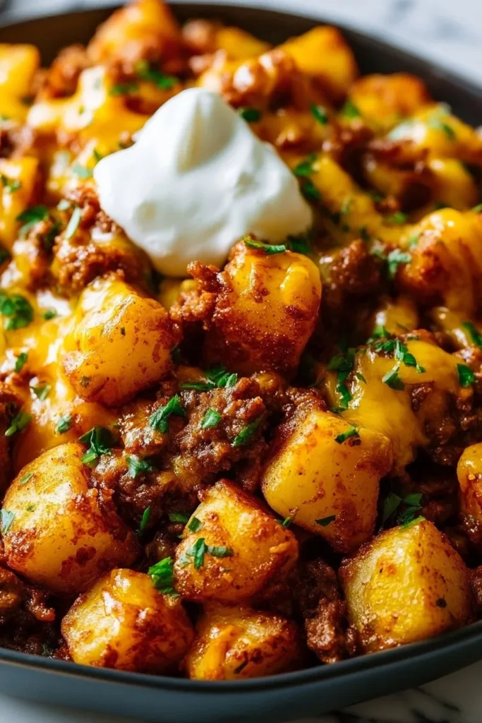 Cheesy taco potatoes topped with melted cheese and garnished with fresh ingredients