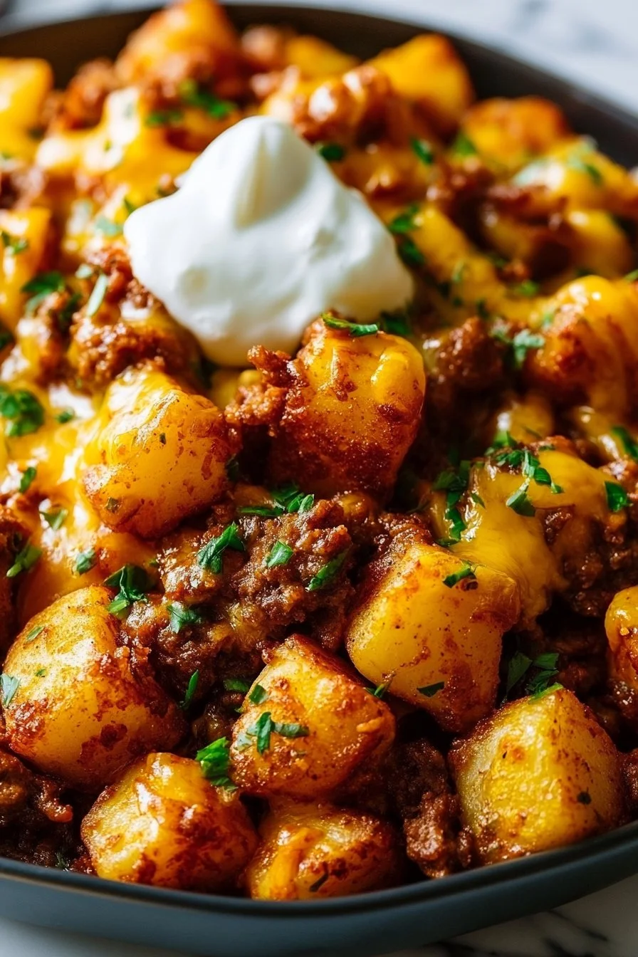 Cheesy taco potatoes topped with melted cheese and garnished with fresh ingredients