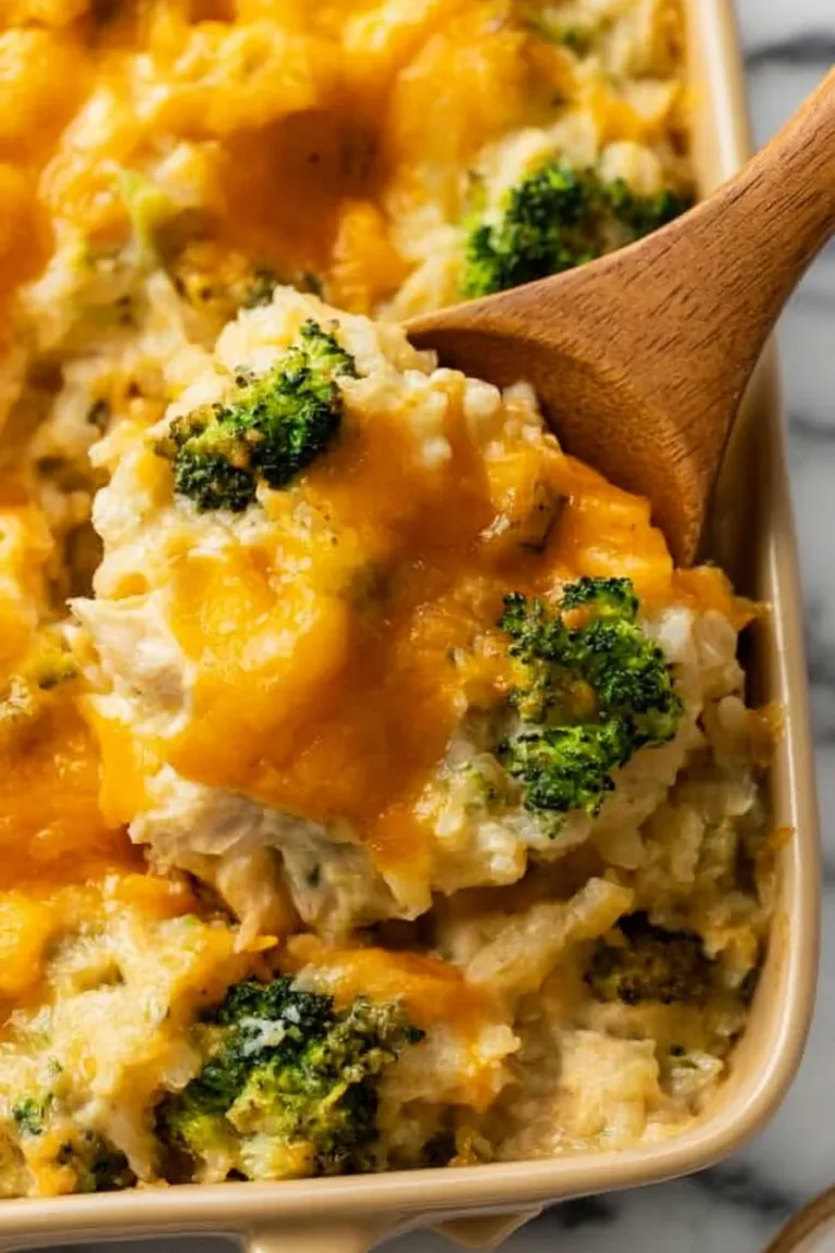Delicious Chicken Broccoli Cheddar Rice Casserole ready to serve