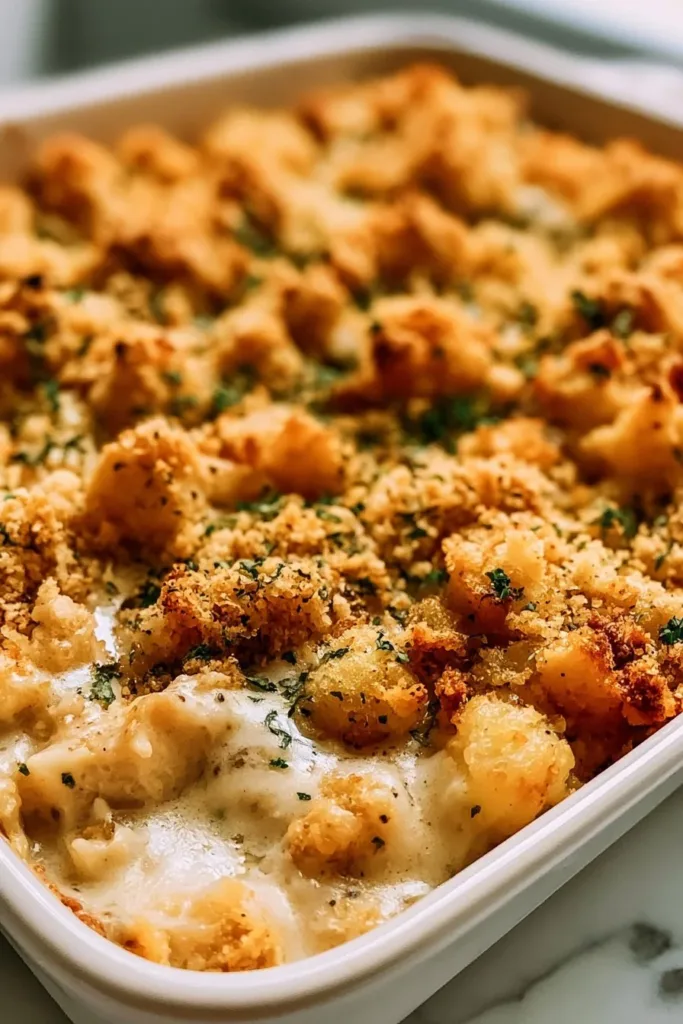 Delicious chicken casserole dish topped with cheese and herbs