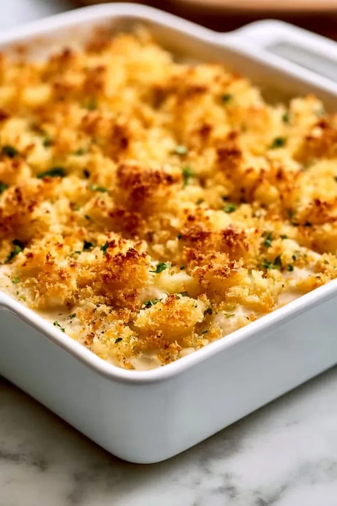 Delicious homemade chicken casserole fresh out of the oven