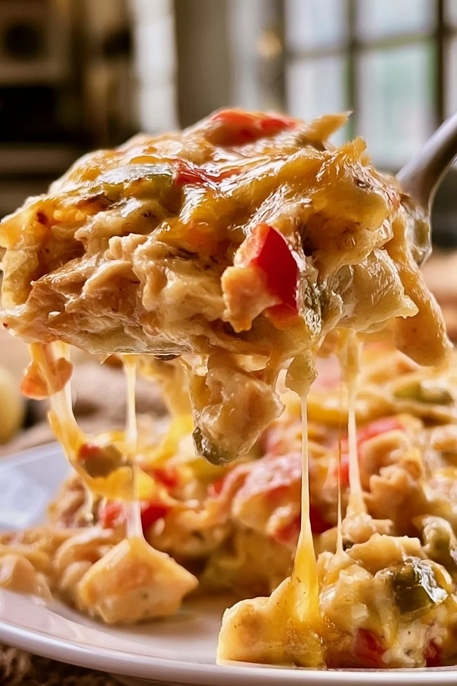 Baked Chicken Fajita Casserole topped with cheese and colorful veggies