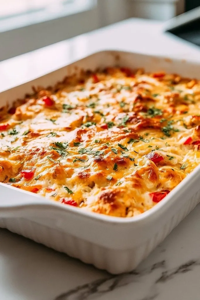 Delicious chicken fajita casserole served in a baking dish topped with cheese.