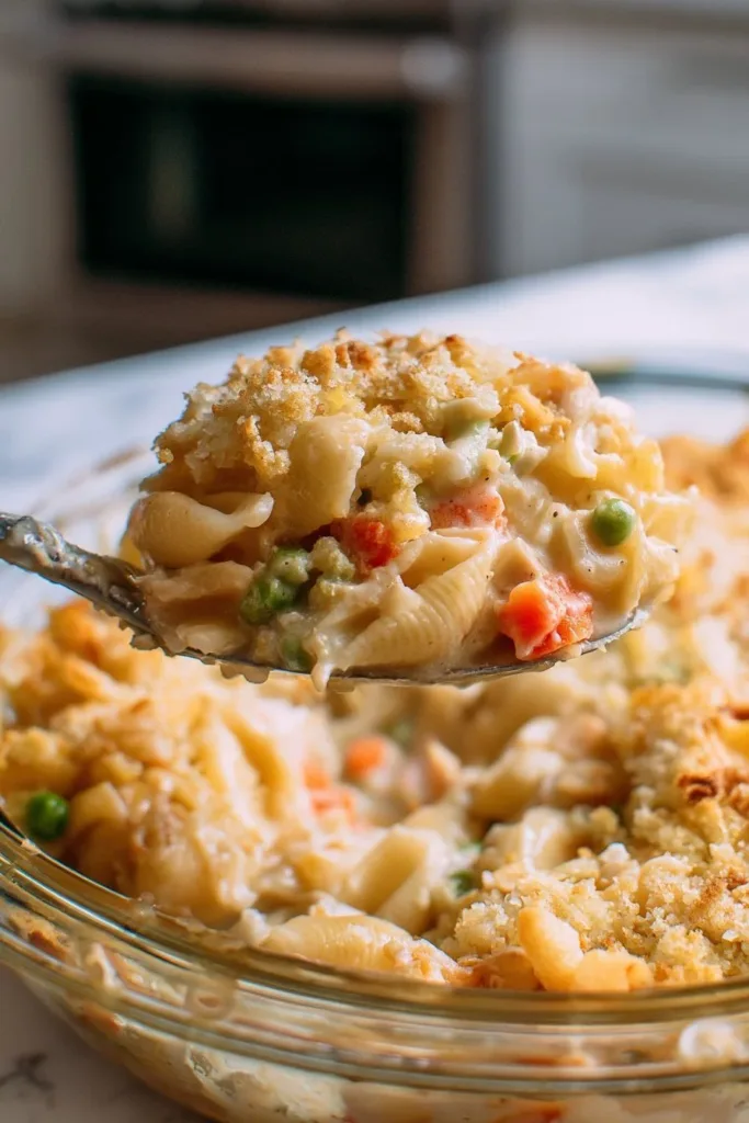 Delicious chicken noodle casserole dish served in a baking dish
