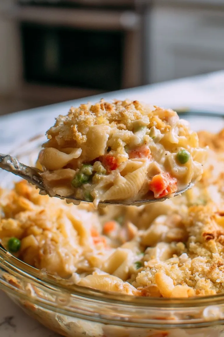 Delicious chicken noodle casserole dish served in a baking dish