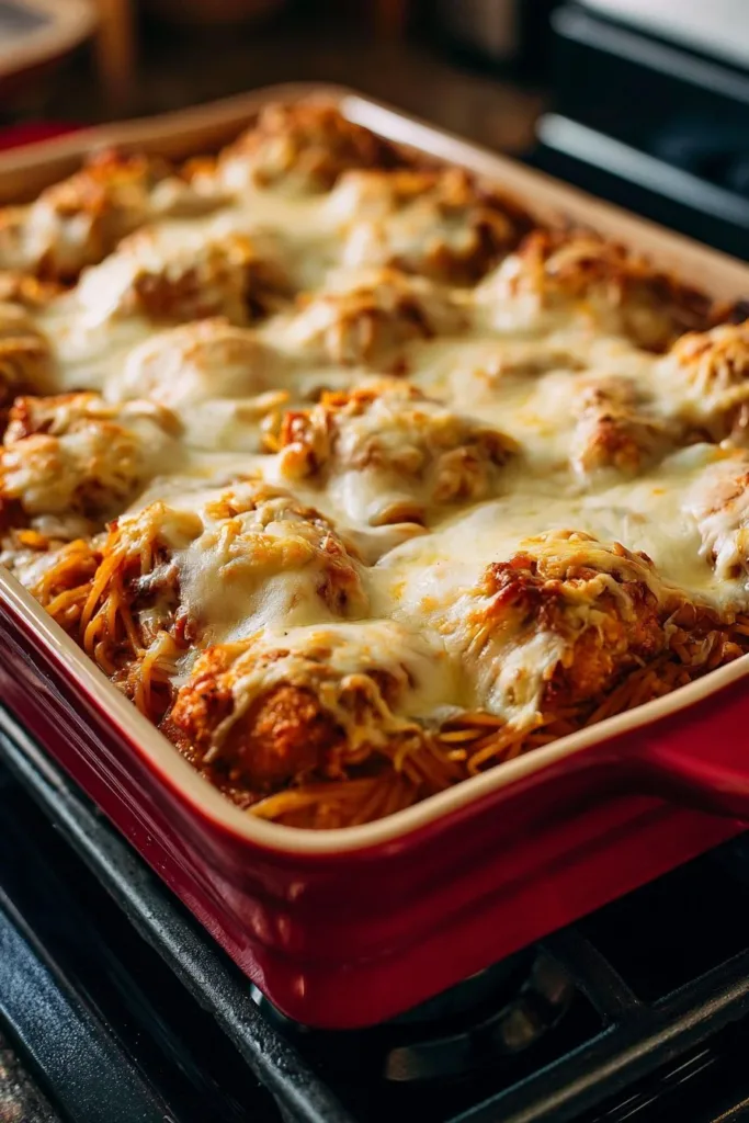 Bake a savory Chicken Parm Casserole topped with melted cheese and marinara sauce.