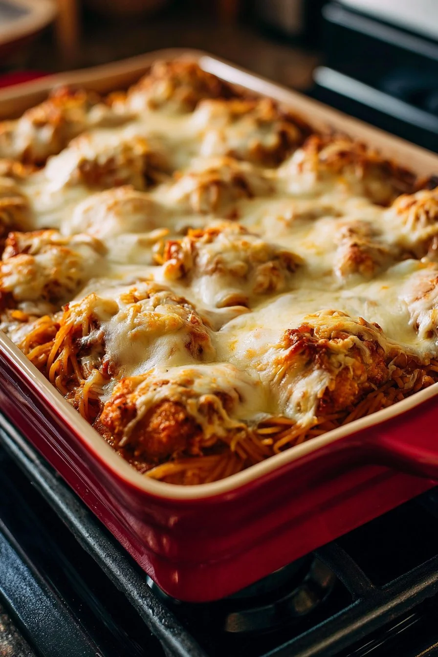 Bake a savory Chicken Parm Casserole topped with melted cheese and marinara sauce.