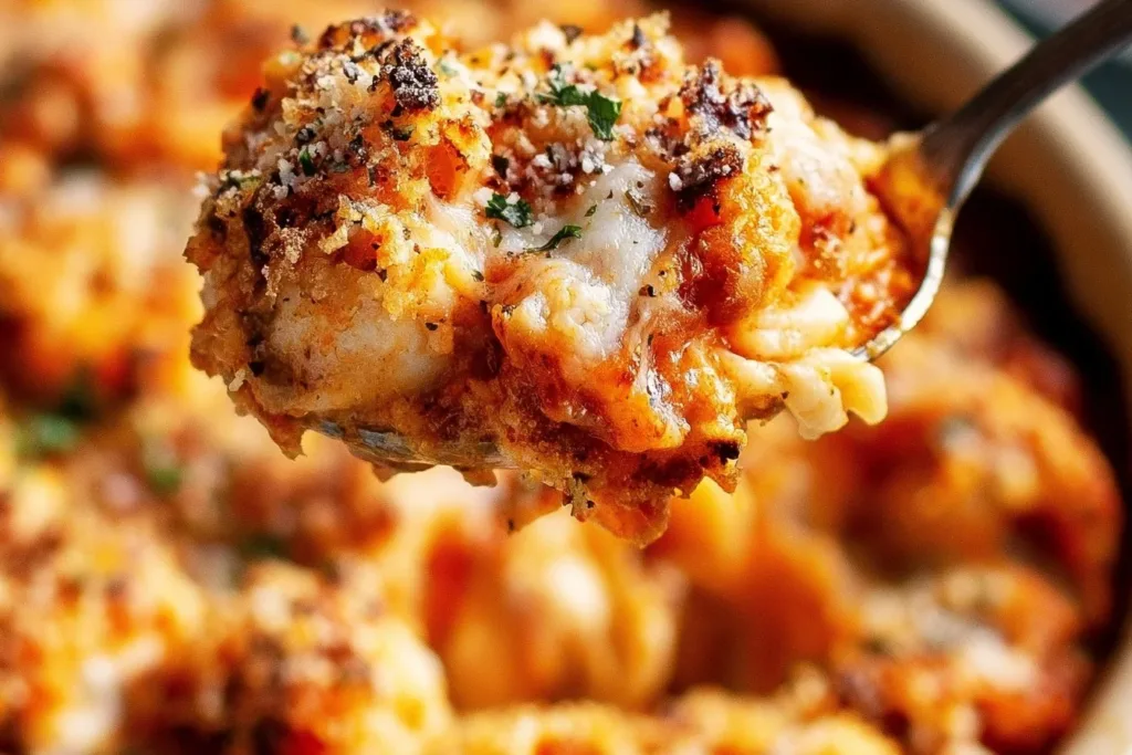 Delicious Chicken Parmesan Casserole topped with melted cheese and herbs