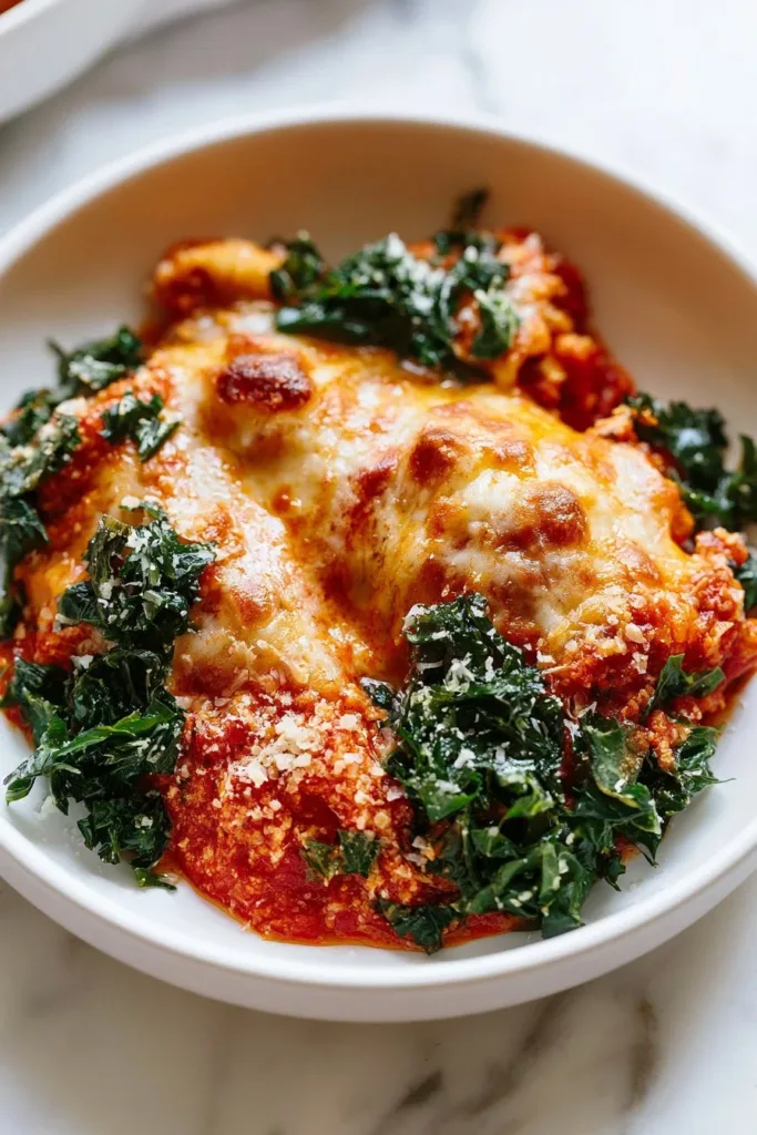 A delicious plate of Chicken Parmesan with marinara sauce and melted cheese