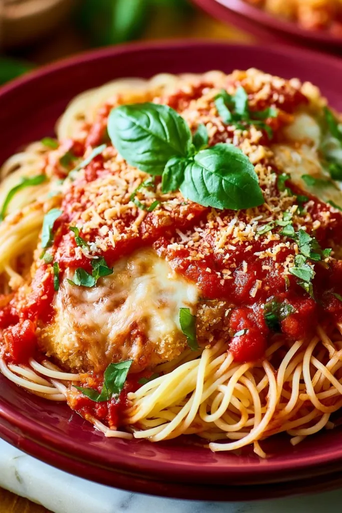 Slow cooker Chicken Parmesan served with pasta and herbs on a plate