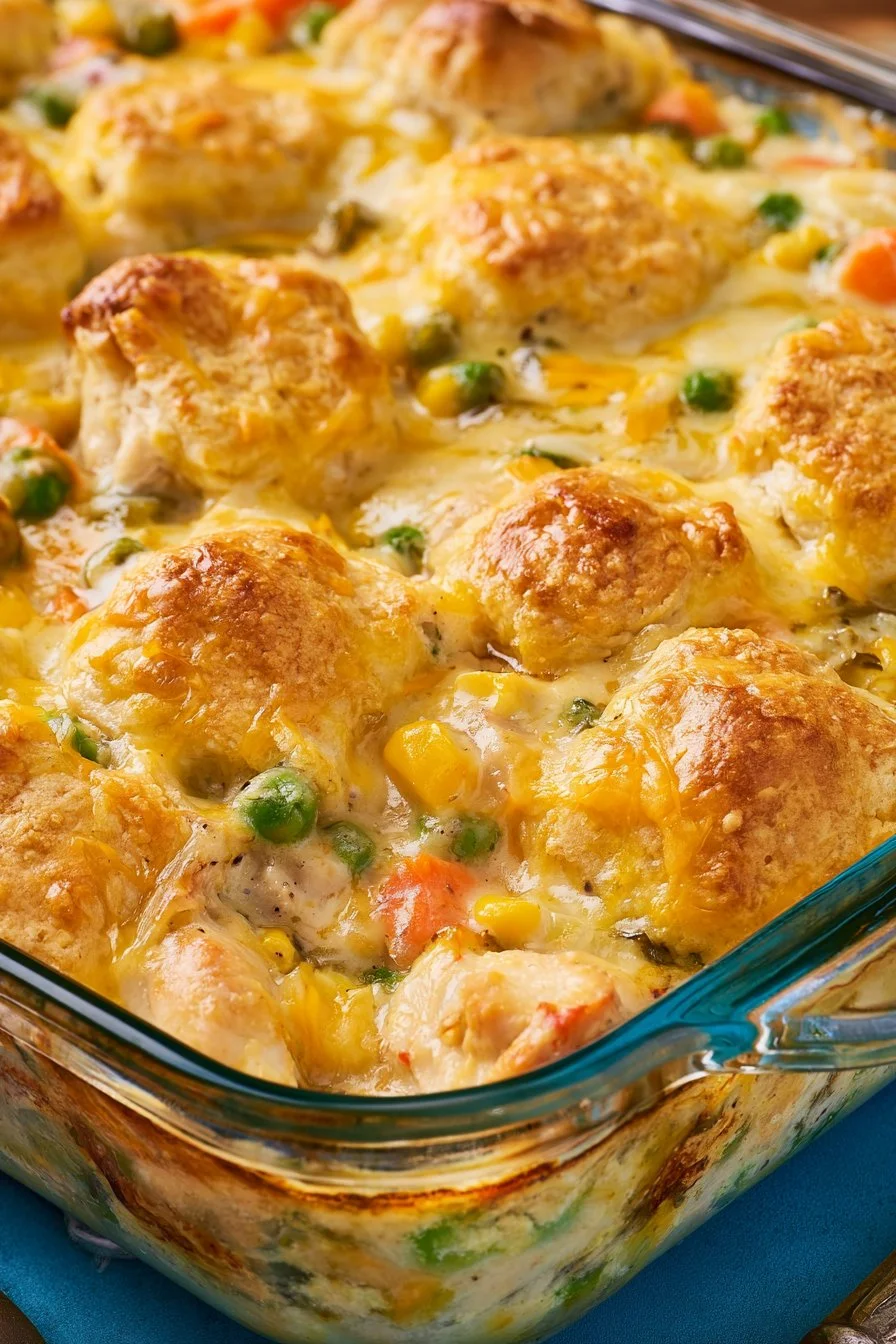 Delicious chicken pot pie bubble up dish presented on a table
