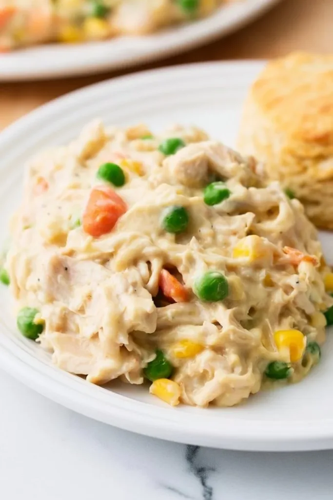 Delicious Chicken Pot Pie Casserole served in a dish, garnished and ready to enjoy.