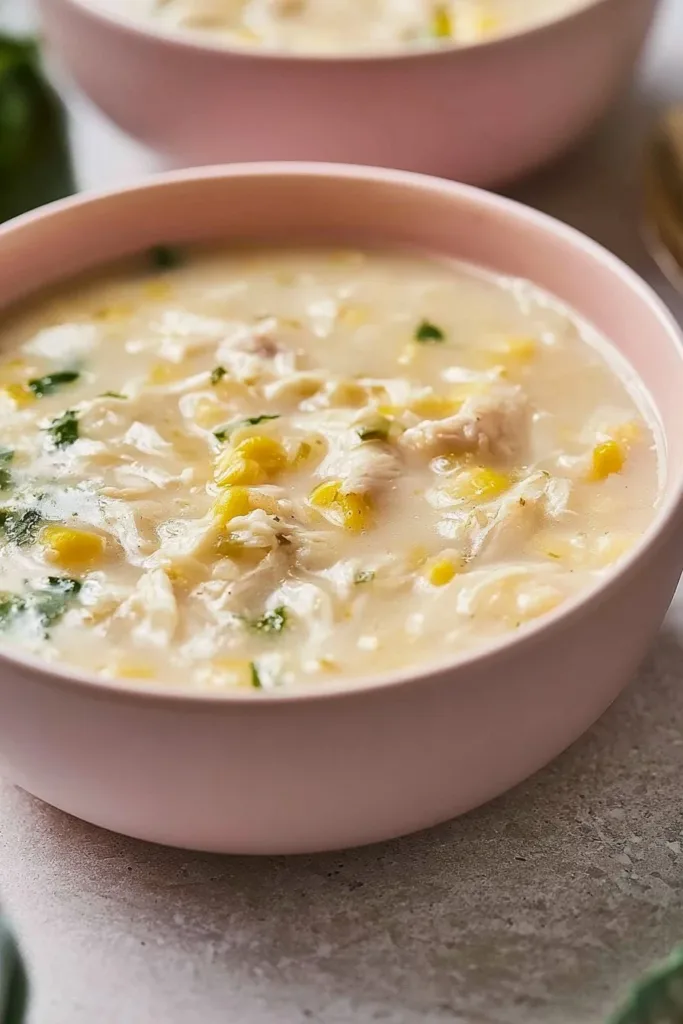 Bowl of chicken soup with sweet corn and pasta, garnished with herbs.