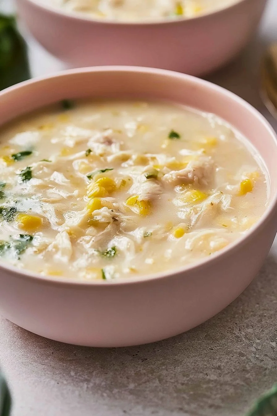 Bowl of chicken soup with sweet corn and pasta, garnished with herbs.