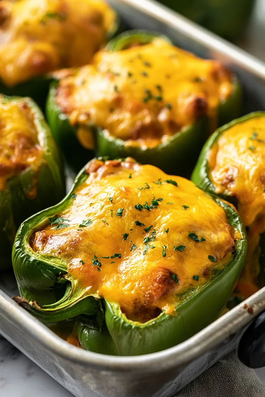Chili stuffed peppers filled with spiced meat and topped with cornbread