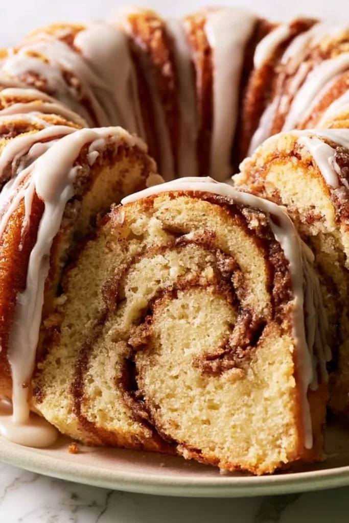 Deliciously baked Cinnamon Roll Bundt Cake with icing on top