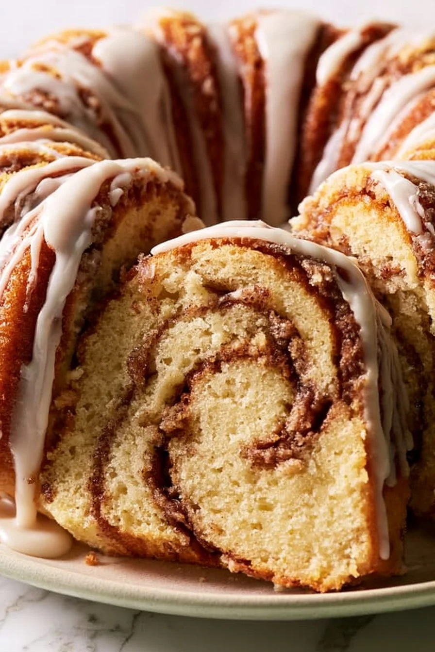 Deliciously baked Cinnamon Roll Bundt Cake with icing on top