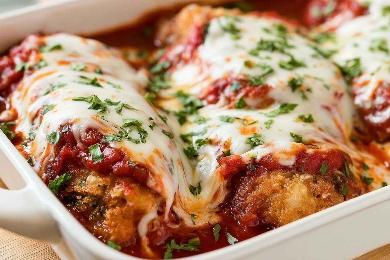 Delicious classic chicken parmesan with crispy breaded chicken and marinara sauce