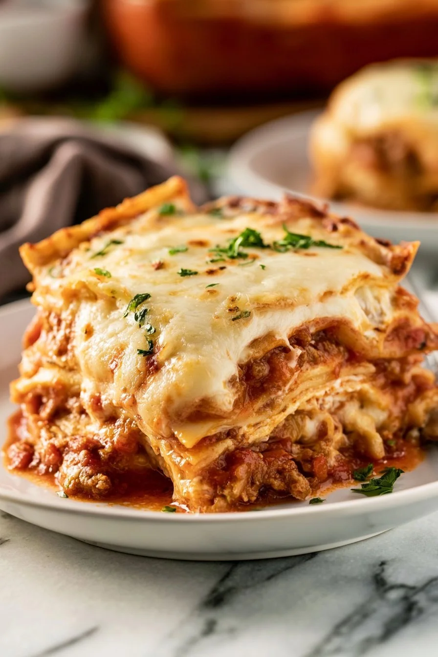 A delicious serving of classic lasagna with layers of cheese and sauce