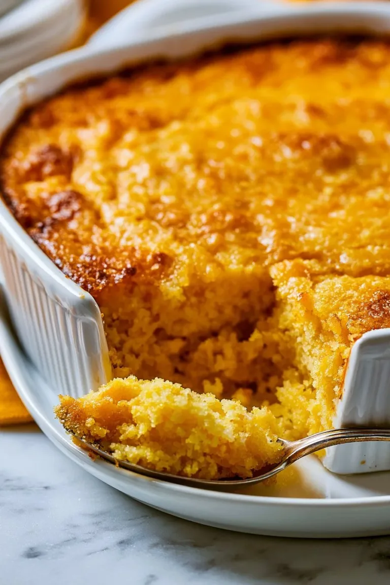Delicious corn casserole served in a dish, topped with cheese and herbs.