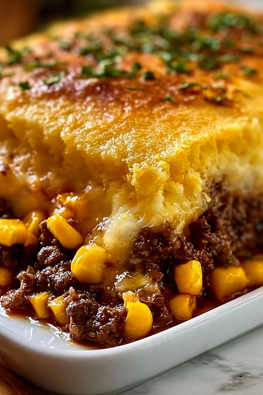 Delicious cornbread casserole served in a dish, topped with melted cheese and herbs.