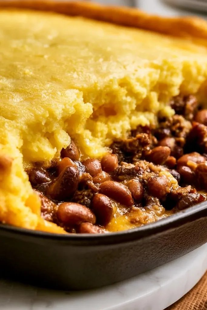 Delicious cornbread casserole dish served warm with toppings.
