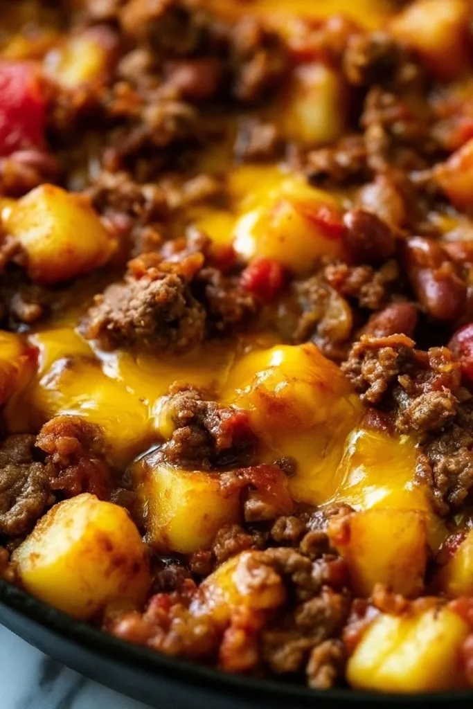 Delicious Cowboy Casserole Recipe with beef and cheese in a casserole dish.
