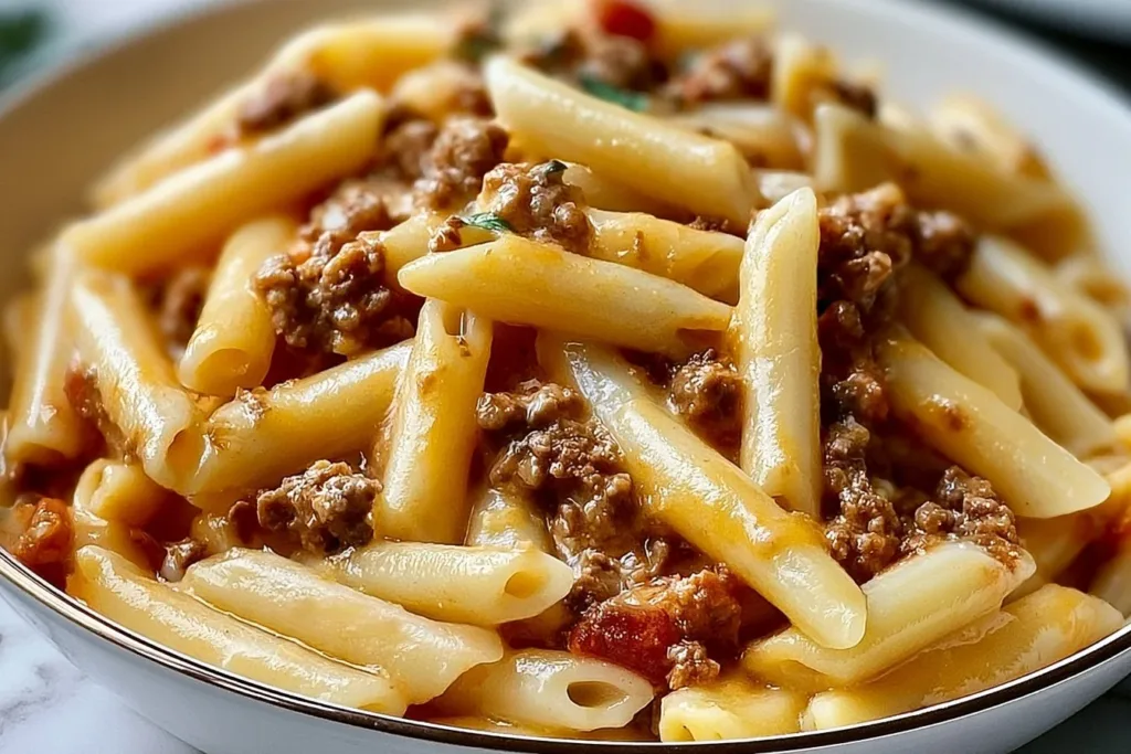 Cozy creamy ground beef pasta served in a bowl with herbs.
