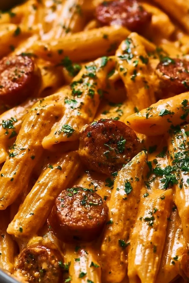 Creamy Cajun sausage pasta served in a bowl with herbs and spices.