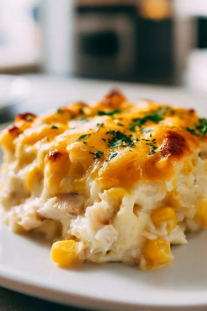 Creamy chicken and corn casserole served in a baking dish