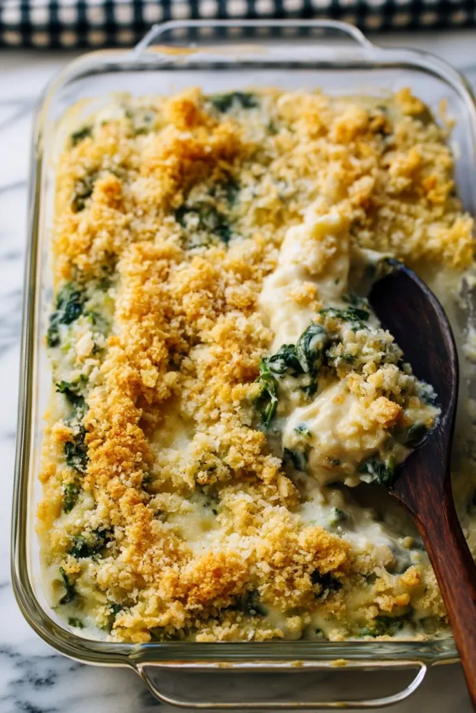 Creamy Chicken Caesar Casserole with chicken, romaine, and Caesar dressing