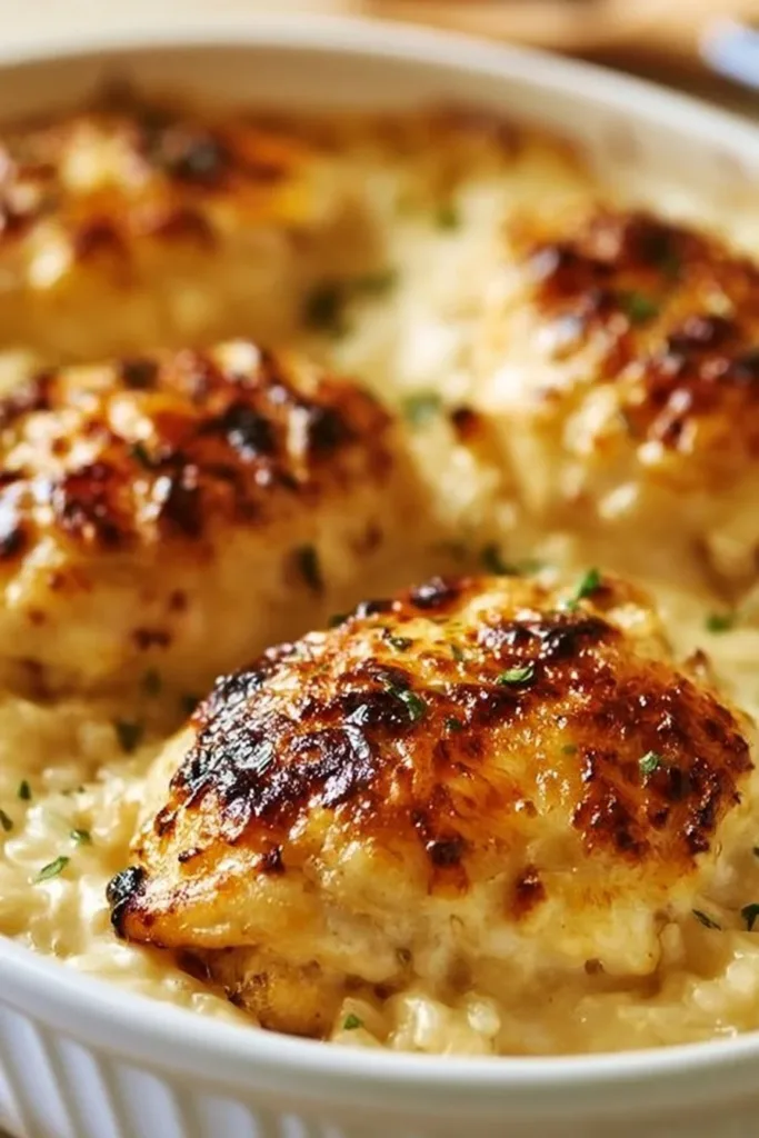 Creamy chicken casserole dish topped with herbs, served in a white baking dish.