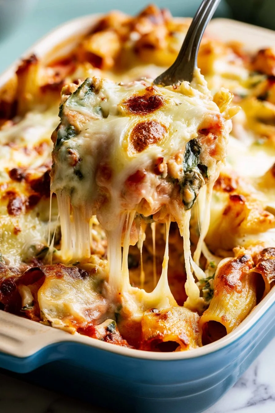 Creamy Chicken Spinach Rigatoni served in a bowl with fresh herbs
