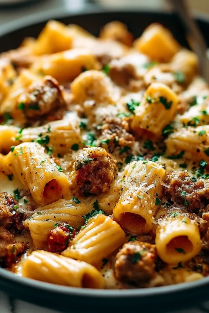 Creamy Italian sausage rigatoni served in a bowl garnished with herbs
