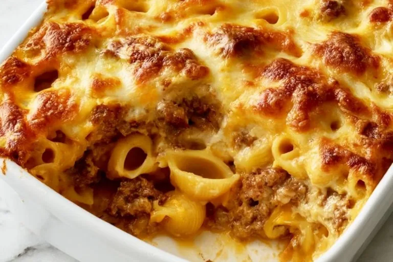 Delicious creamy meatloaf casserole served in a baking dish