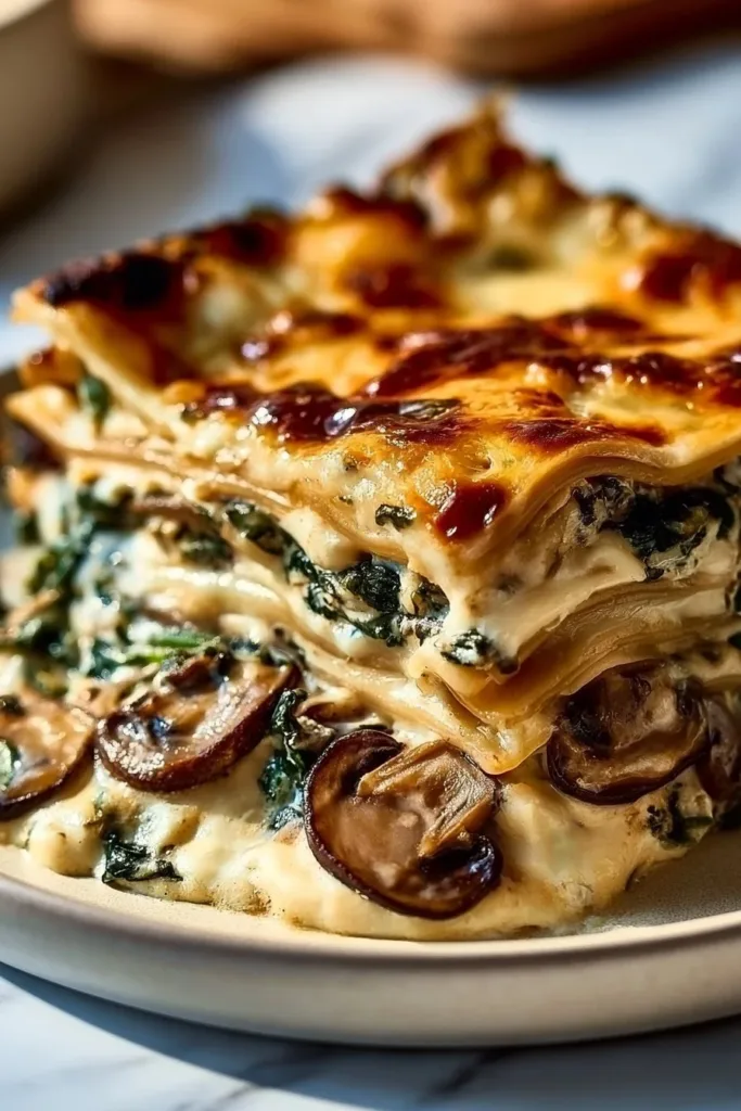 Creamy spinach mushroom lasagna freshly baked in a pan.