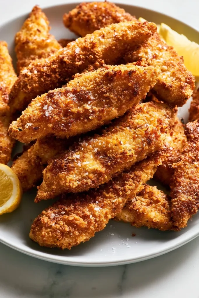 Crispy chicken cutlets plated with sides for a delicious meal