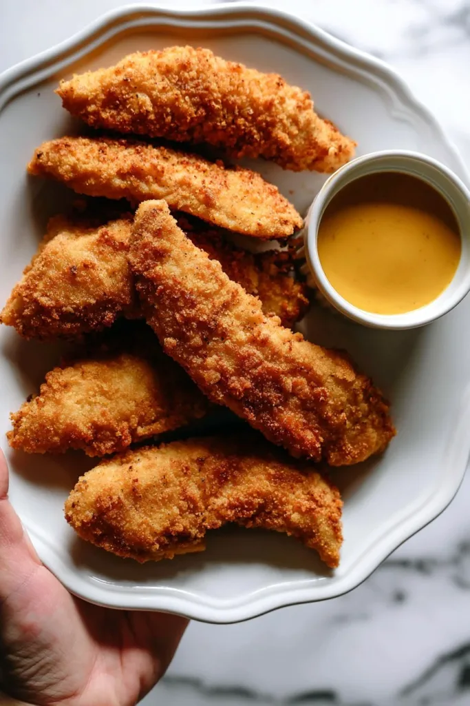 Crispy air fryer chicken tenders served with dipping sauce.