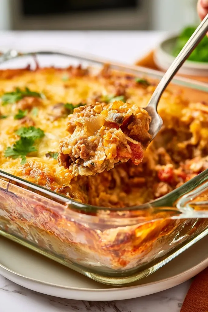 Delicious Dorito Casserole topped with cheese and Doritos