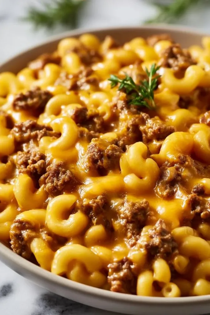 A delicious bowl of easy Hamburger Helper ready to serve, topped with cheese and herbs.