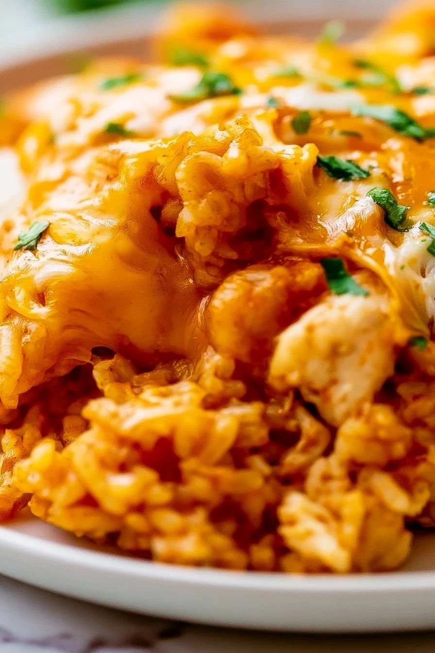 Delicious Enchilada Chicken Rice Casserole served in a colorful dish
