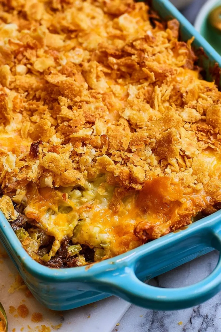 Savory Ground Beef Casserole baked with spices and topped with melted cheese