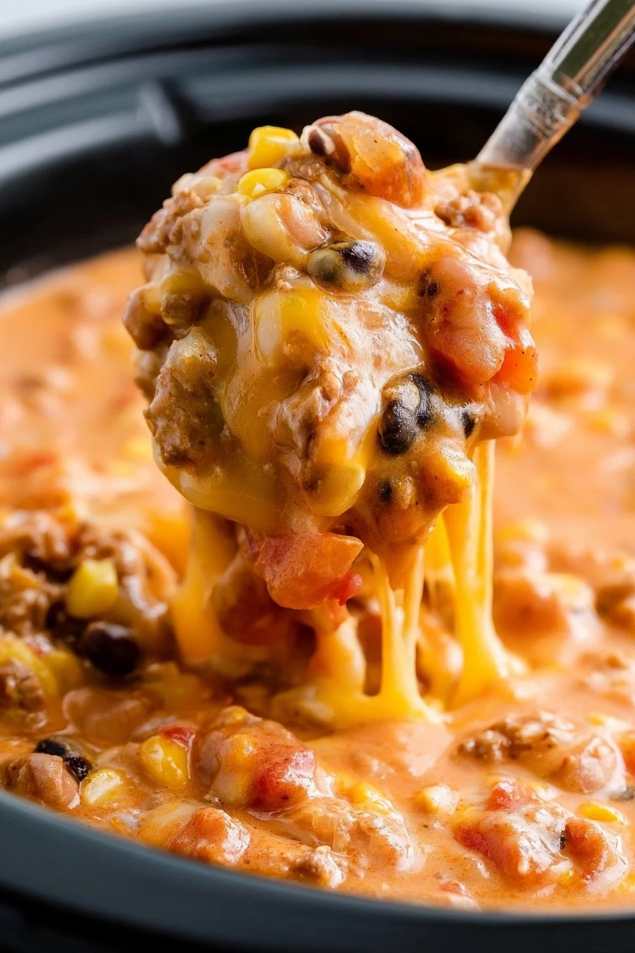 Delicious ground beef casserole cooked in a crockpot, served in a bowl.