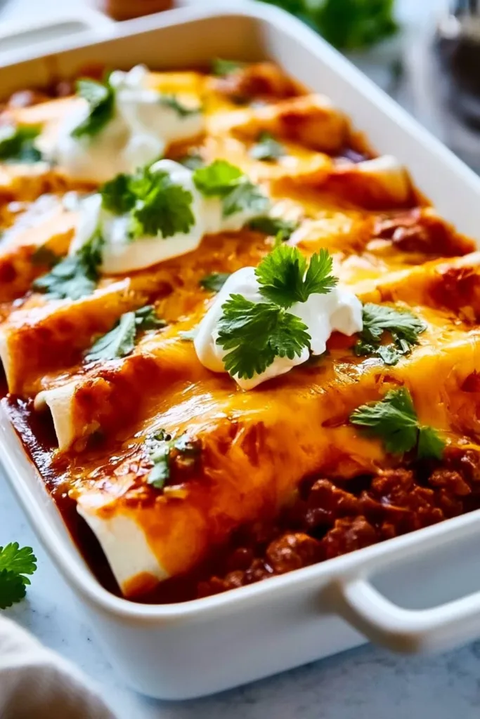 Homemade ground beef enchiladas topped with cheese and salsa