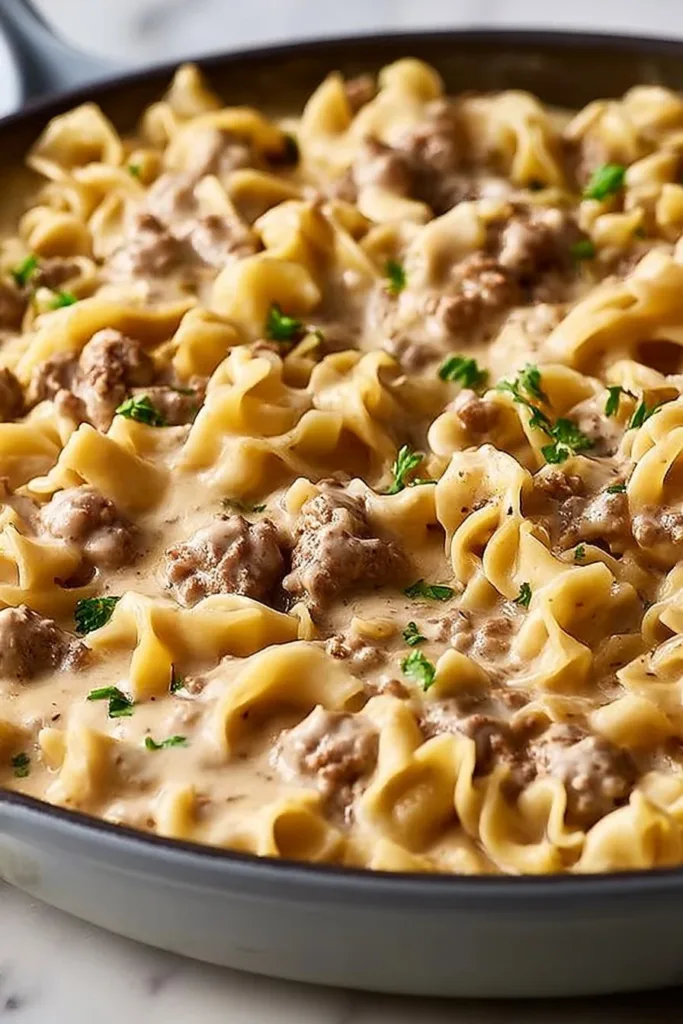 Delicious ground beef stroganoff served with pasta on a plate.