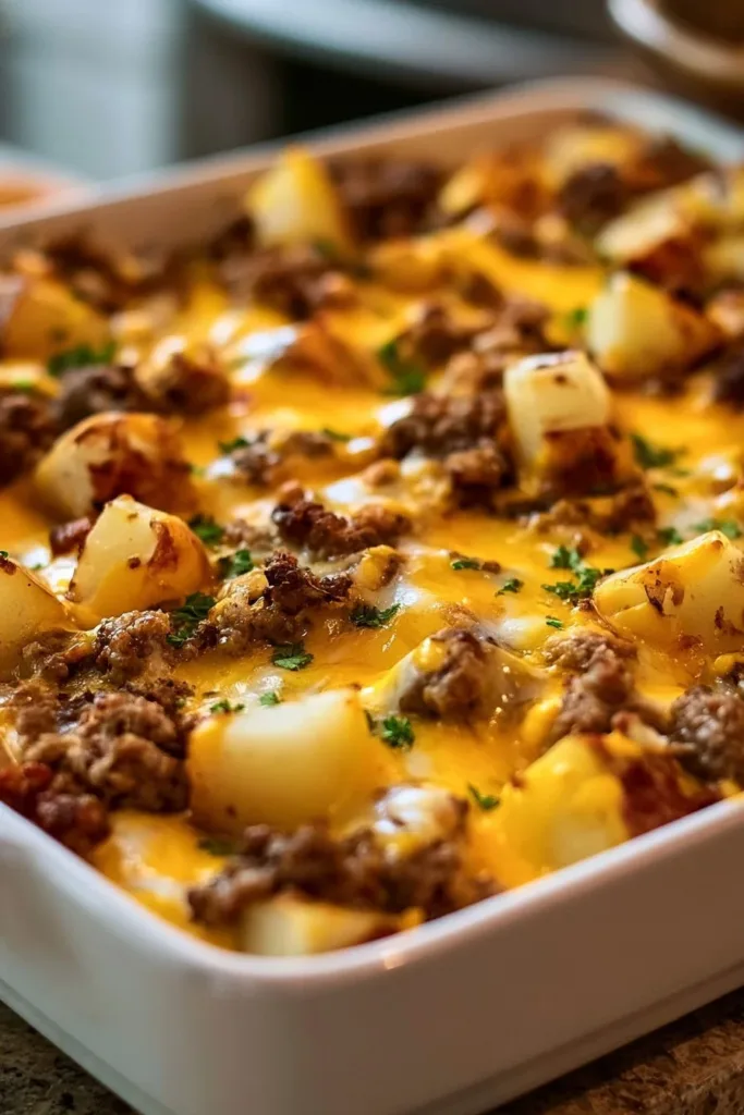 Delicious hamburger potato casserole served in a baking dish