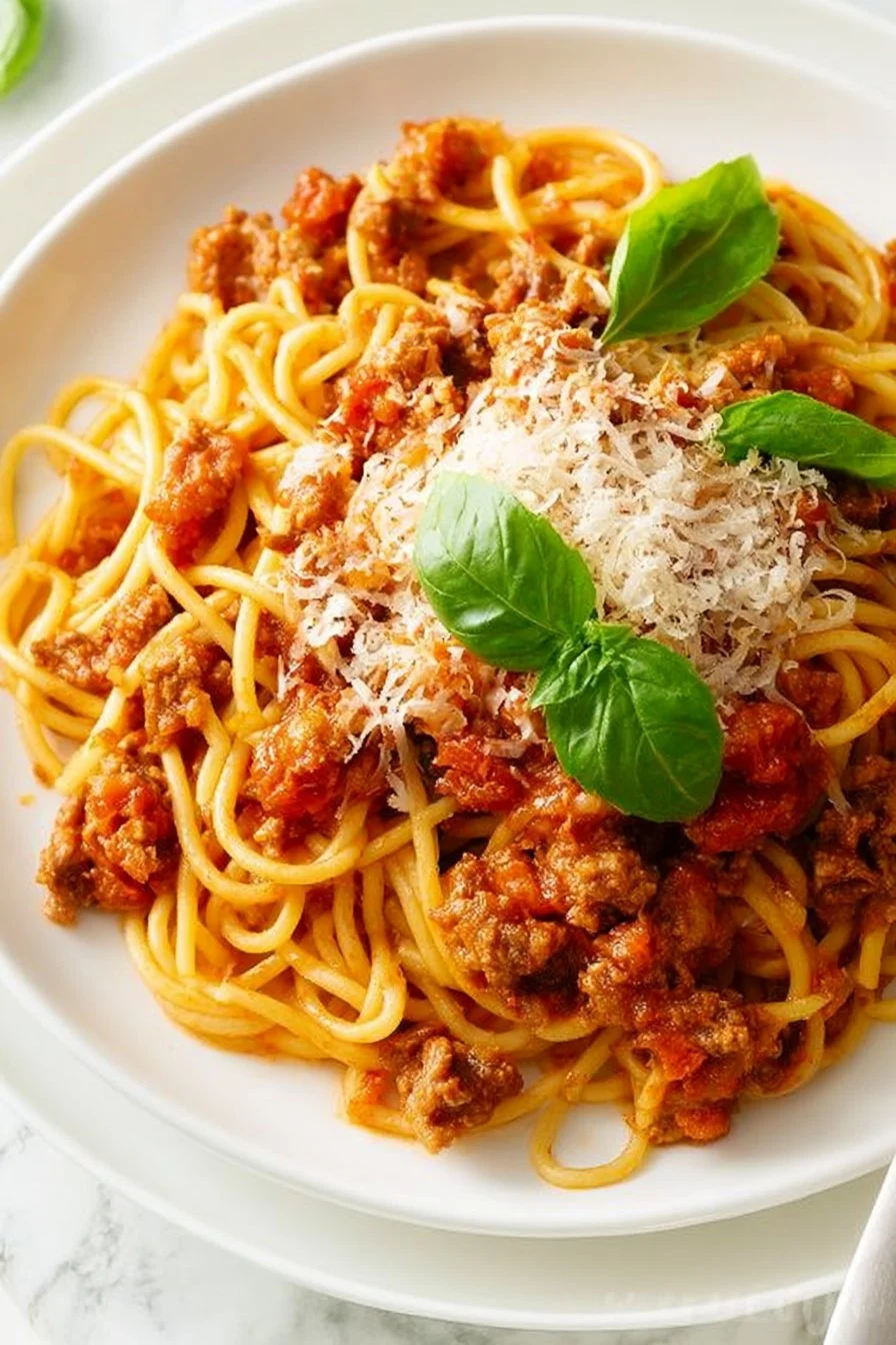 Delicious bowl of Instant Pot spaghetti with sauce and herbs