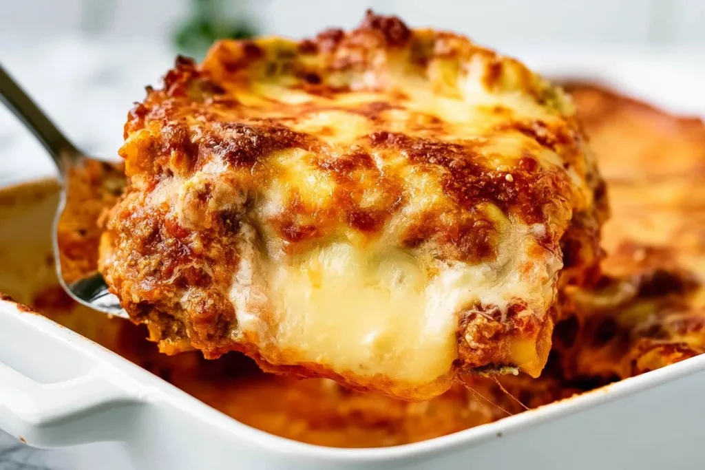 Delicious lasagna with zucchini layers and melted cheese